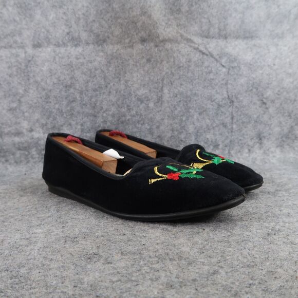 New York Lites Shoes - New York Lites Shoes Womens 8 Slippers Velvet Embroidered Horn Holly Black Flats